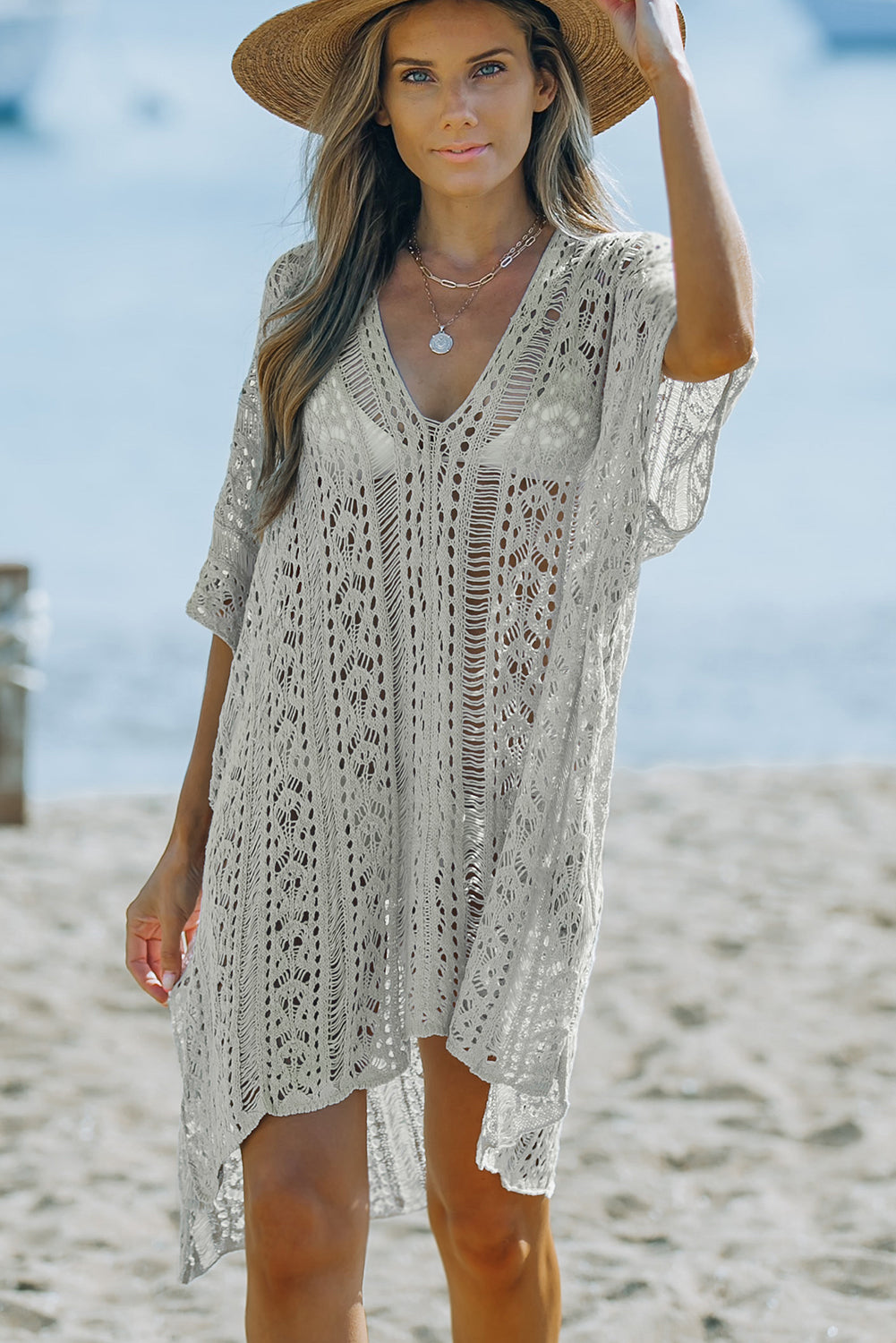 Crochet Knitted Tassel Tie High Low Beachwear | Gray