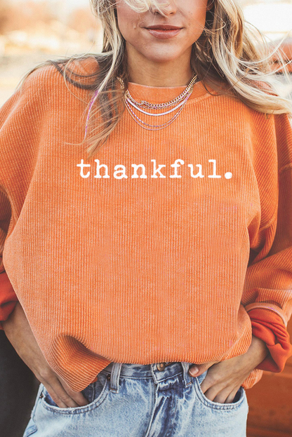 Thankful Ribbed Crew Neck Thanksgiving Sweatshirt | Orange