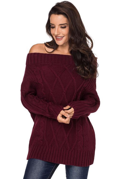 Wine Off The Shoulder Winter Sweater | Red