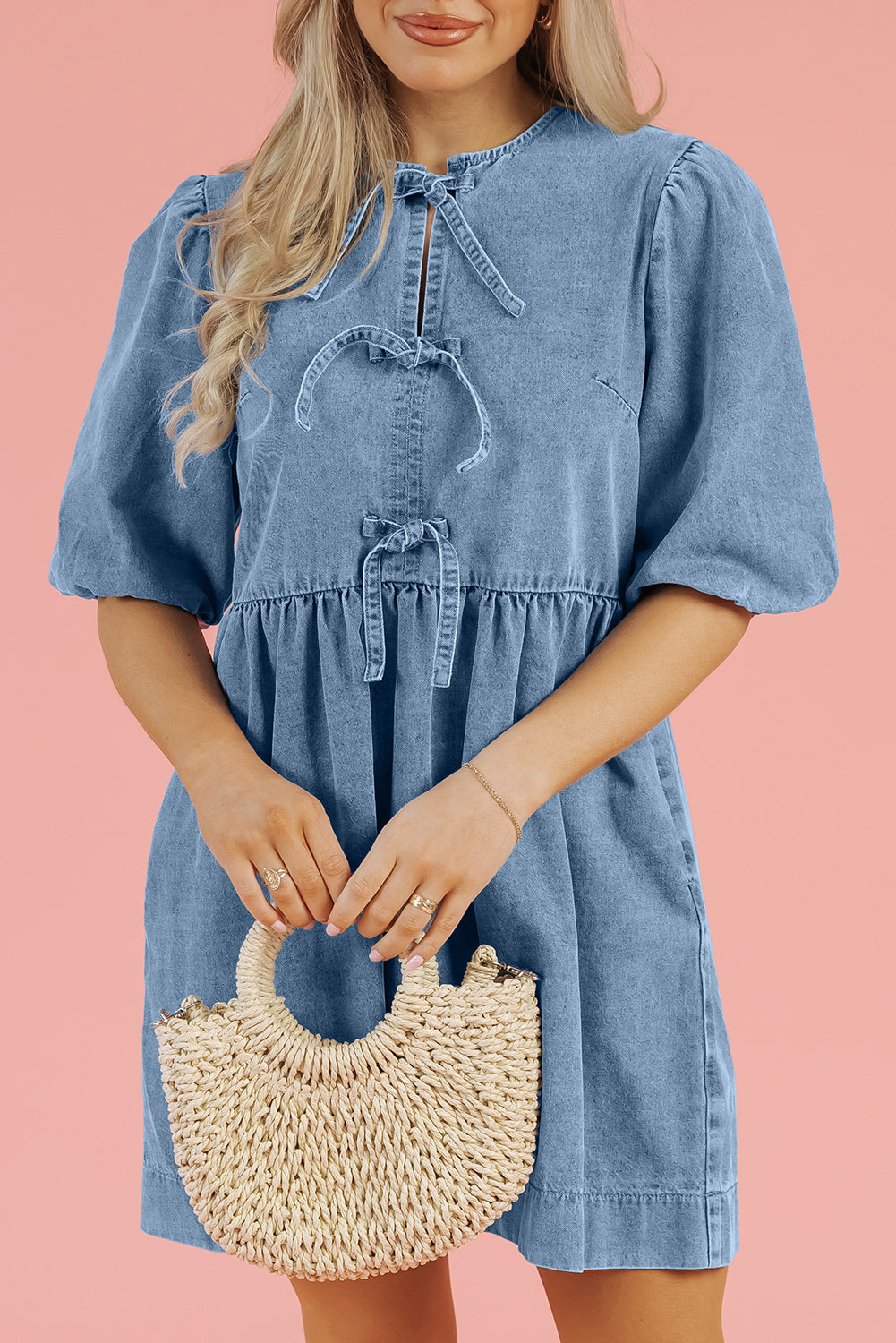 Bowknot Bubble Sleeve Short Denim Dress | Dusk Blue