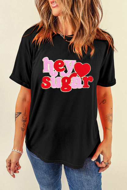 Chenille Heart Hey Sugar Patched Crewneck Valentines Tee | Black