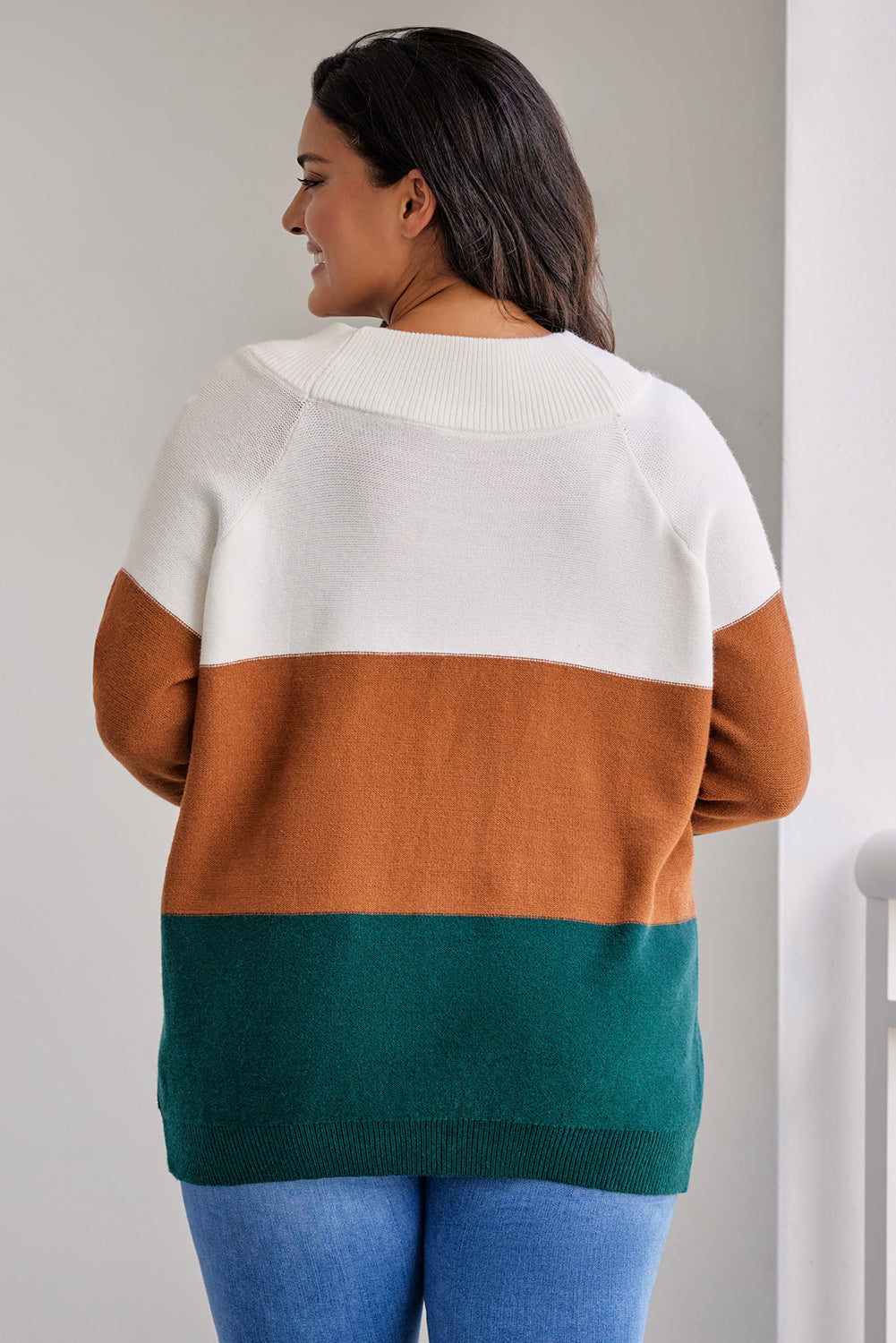 Plus Size Ribbed Trim Colour Block Sweater | Brown