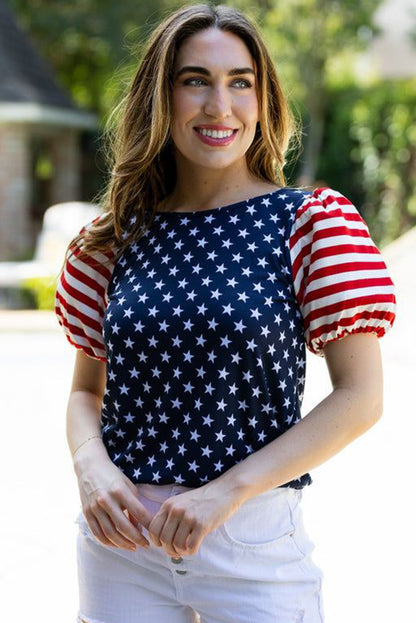 4th of July Stars Stripes Puff Sleeve T Shirt | Navy Blue