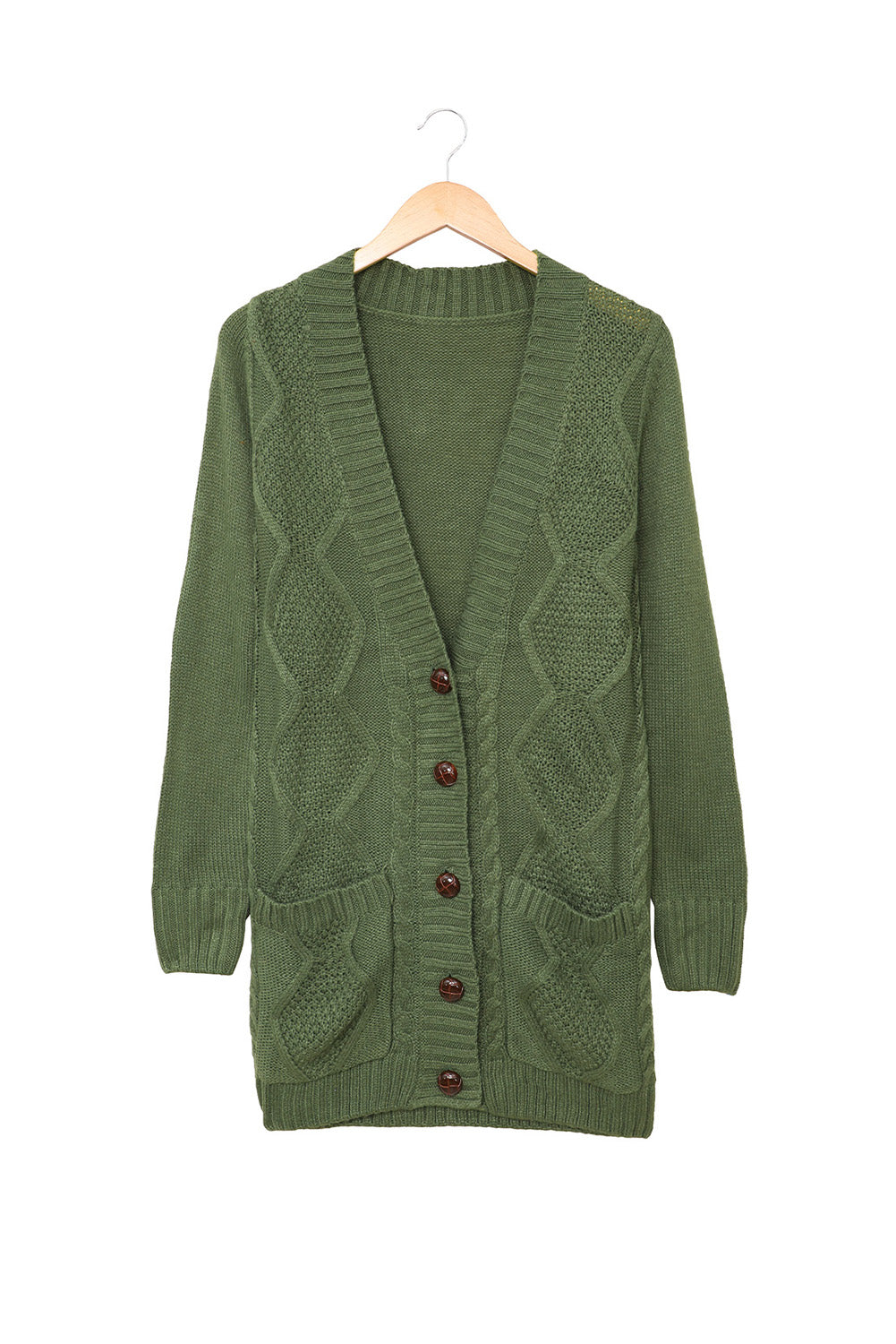 Front Pocket And Buttons Closure Cardigan | Green