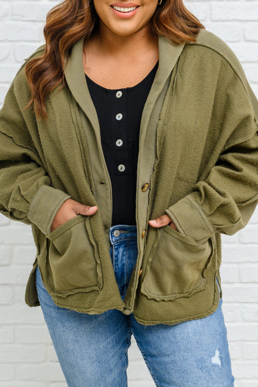 Plus Size Exposed Seam Terry Patchwork Hooded Jacket | Green