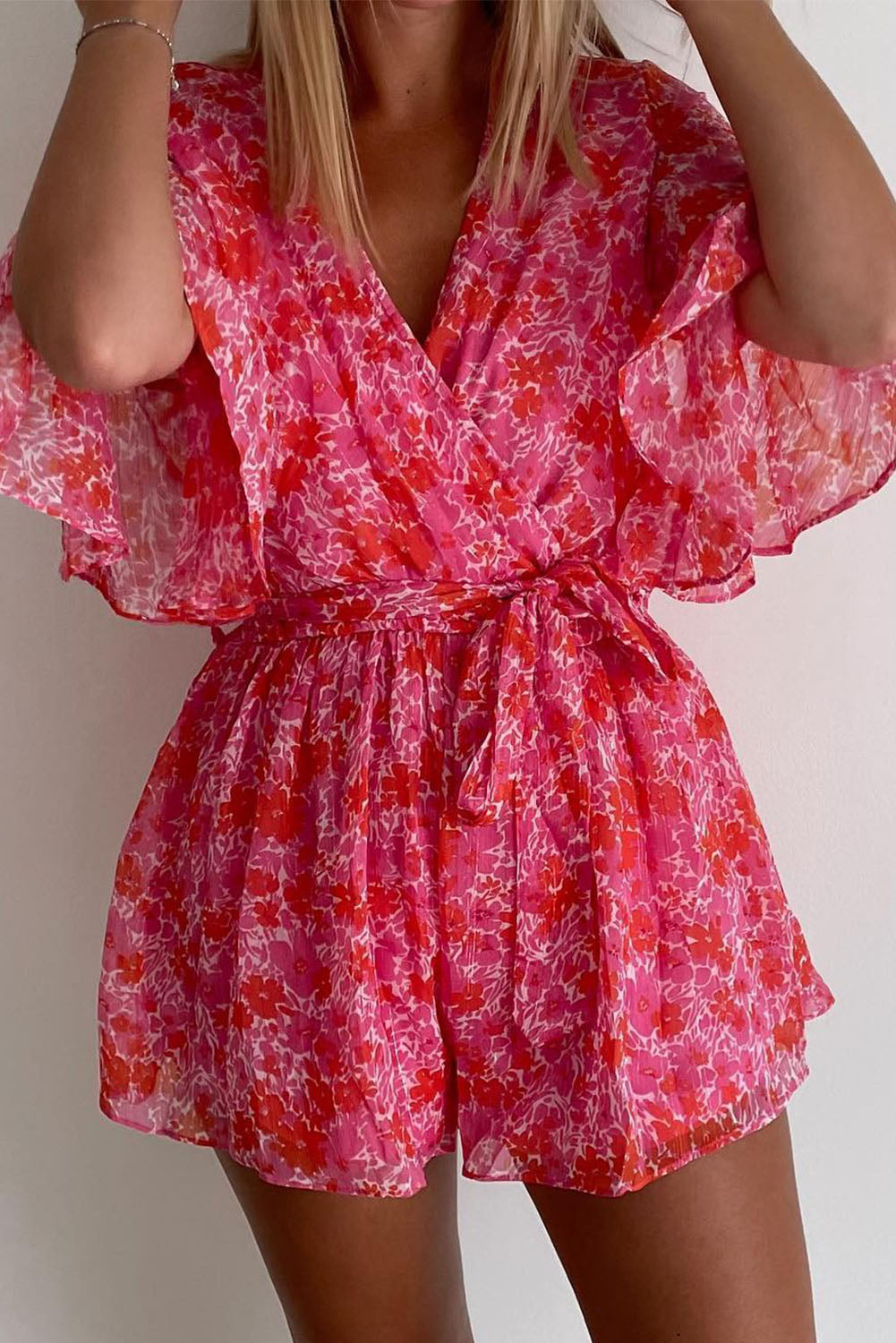 V Neck Ruffled Sleeve Floral Romper | Pink