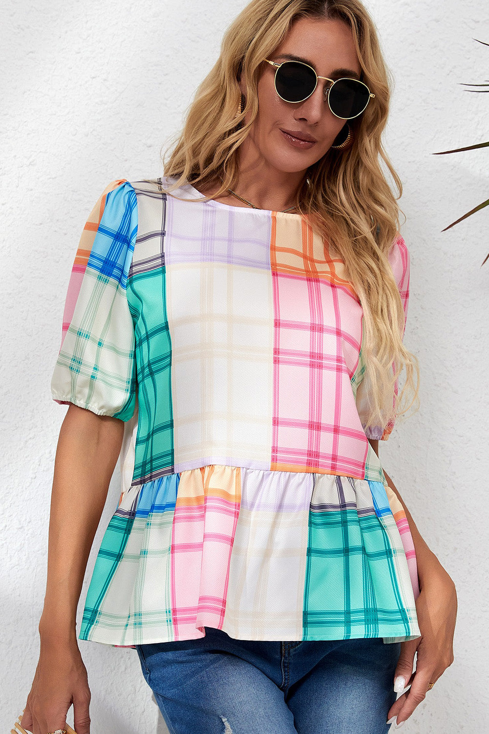 Bold Plaid Colour Block Puff Sleeve Peplum Top | Multicolour