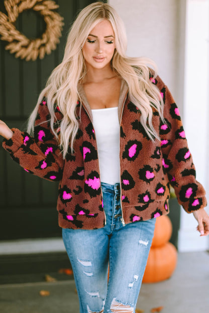 Zip Up Stand Collar Sherpa Teddy Jacket | Leopard