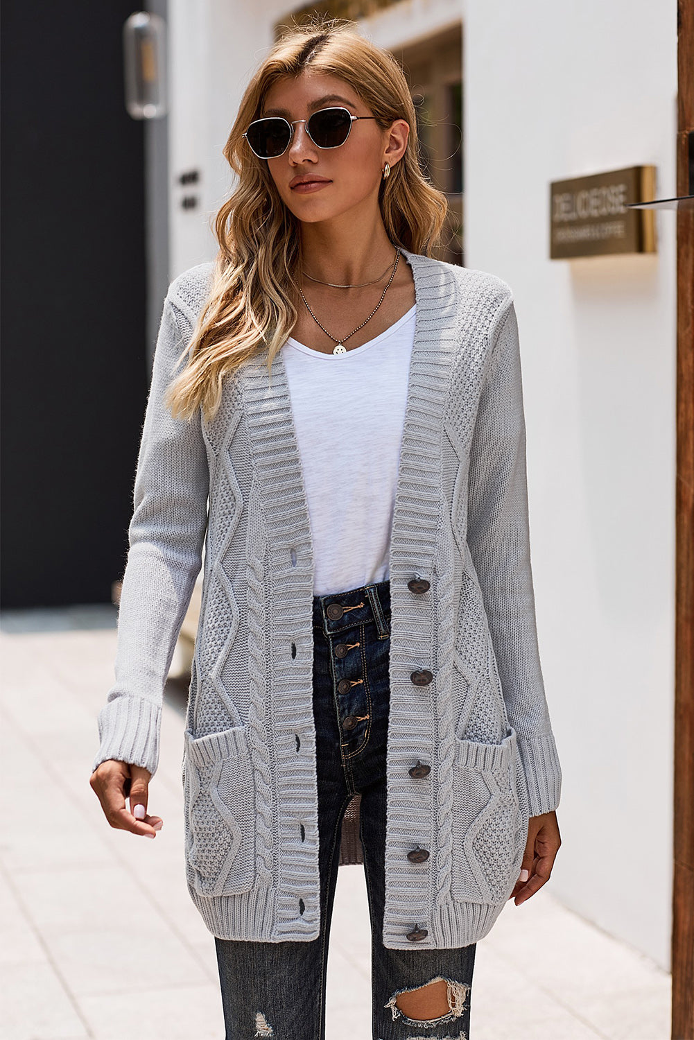 Front Pocket And Buttons Closure Cardigan | Gray