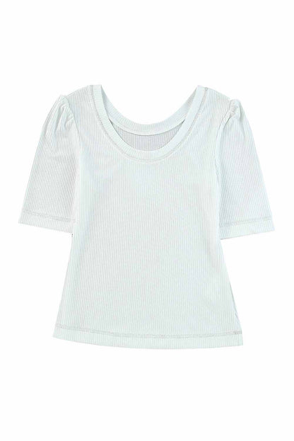 Round Neck Half Sleeve Ribbed Knit Top | White