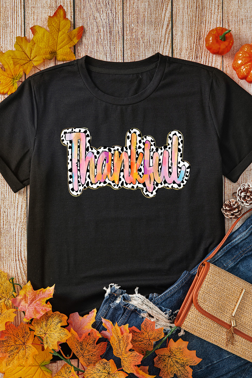 Thankful Cow Print Crew Neck T Shirt | White