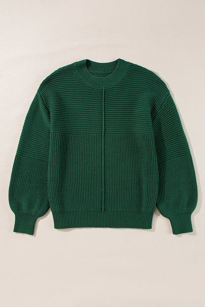 Textured Knit Crewneck Lantern Sleeve Sweater | Blackish Green