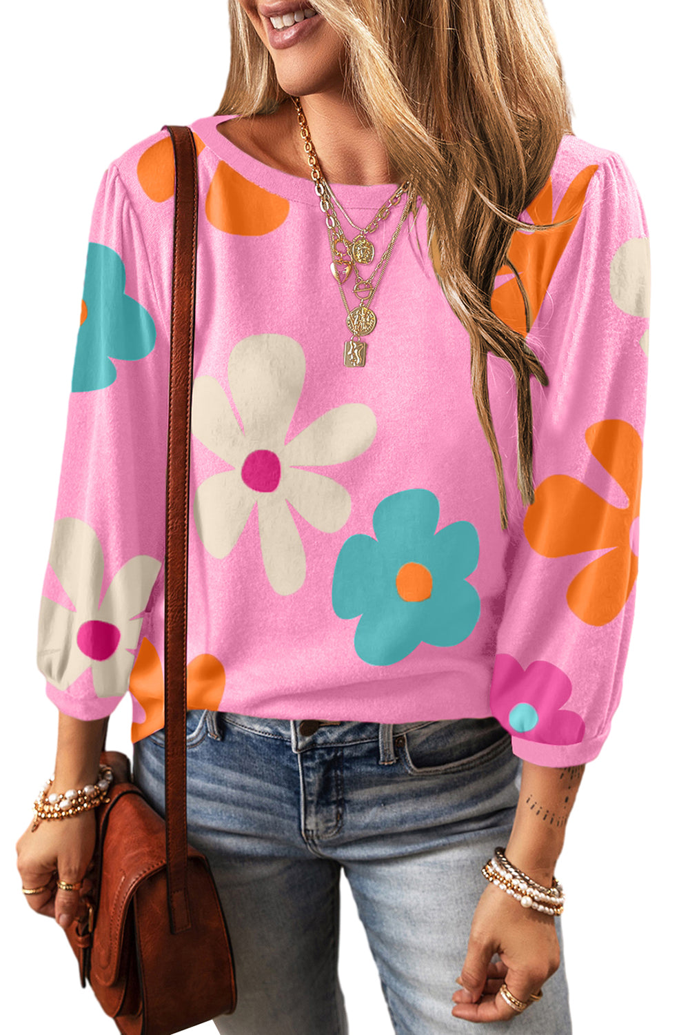 Cute Flower Print Bracelet Sleeve Top | Rose