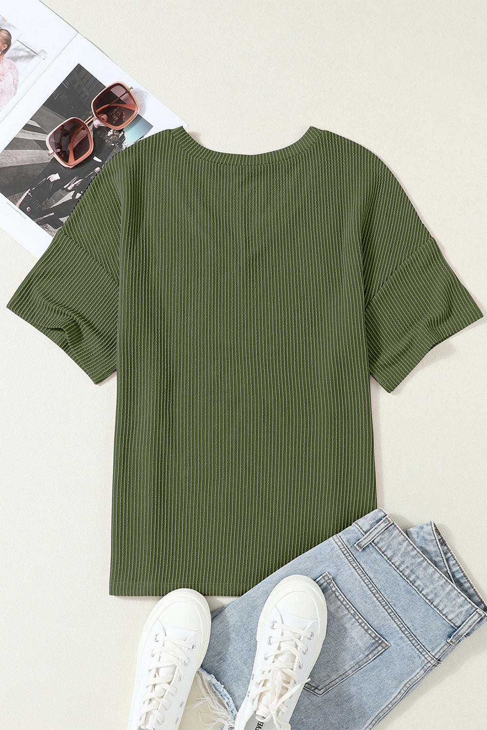 Corded V Neck Chest Pocket Loose T-Shirt | Jungle Green