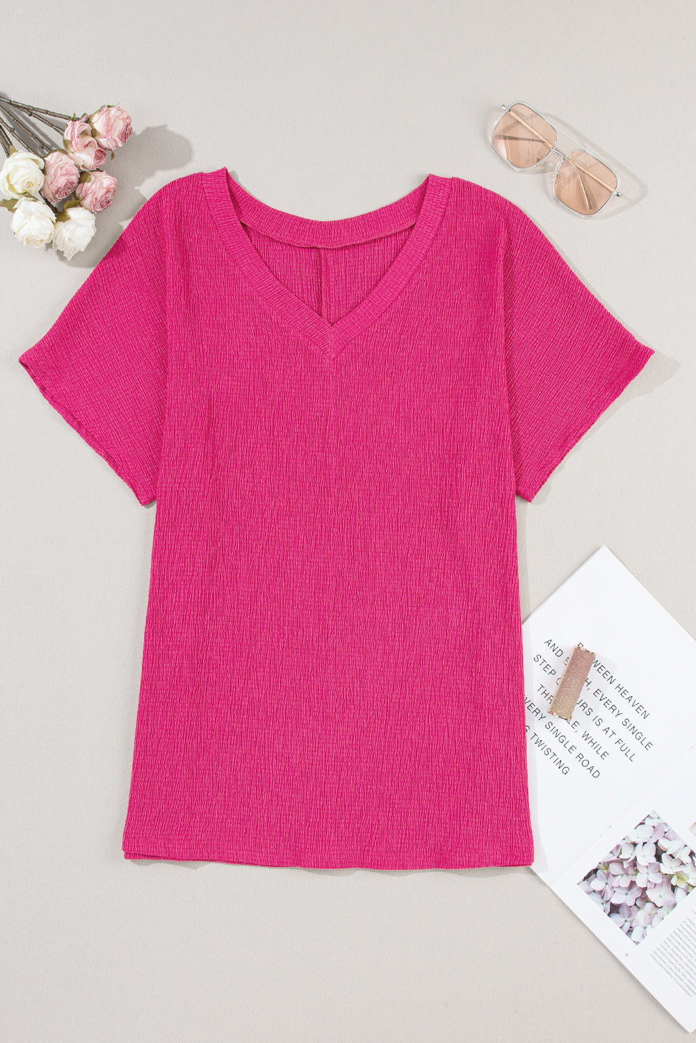 Crinkled V Neck Wide Sleeve T-Shirt | Bright Pink