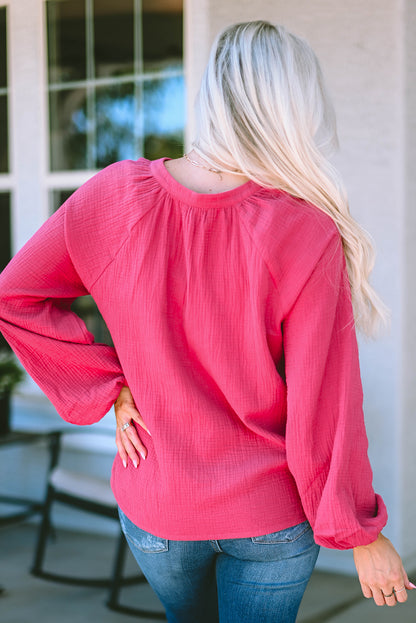 Crinkle Split Neck Puff Sleeve Blouse | Rose