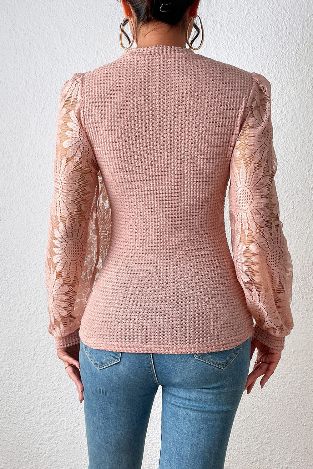 Sunflower Mesh Bubble Sleeve Waffle Knit Top | Peach Blossom