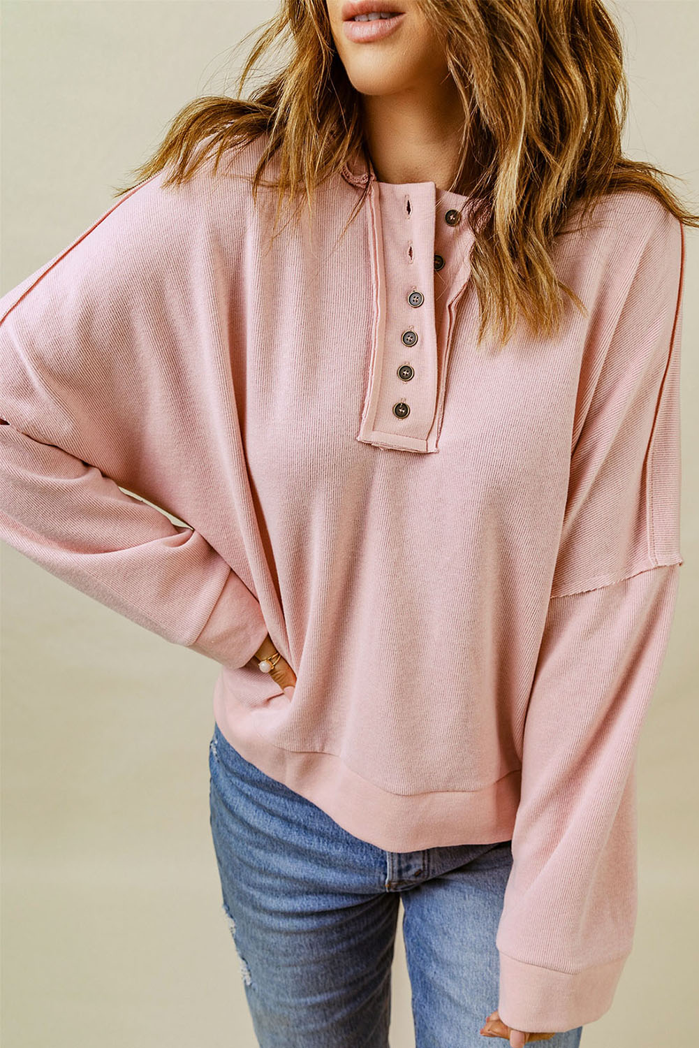 Casual Button Solid Patchwork Trim Hoodie | Pink