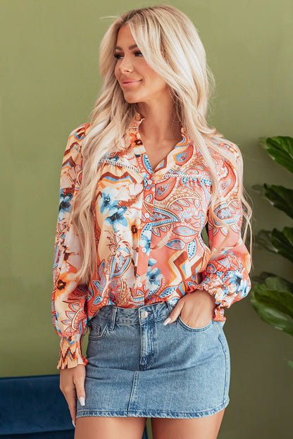 Floral Print Shirred Cuff Buttoned Loose Shirt | Orange