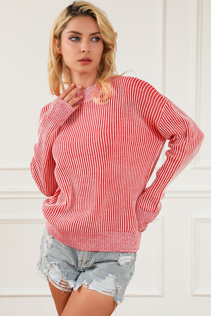 Striped Print Ribbed Trim Round Neck Sweater | Red