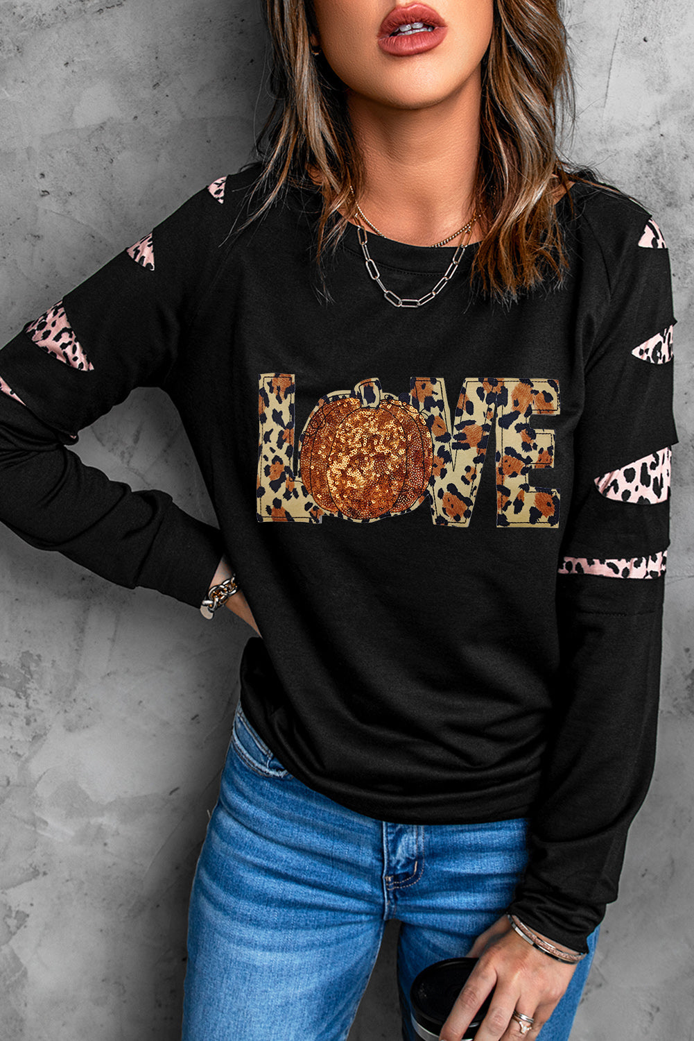 Love Sequin Pumpkin Leopard Print Cut Out Sleeve Sweatshirt | Black