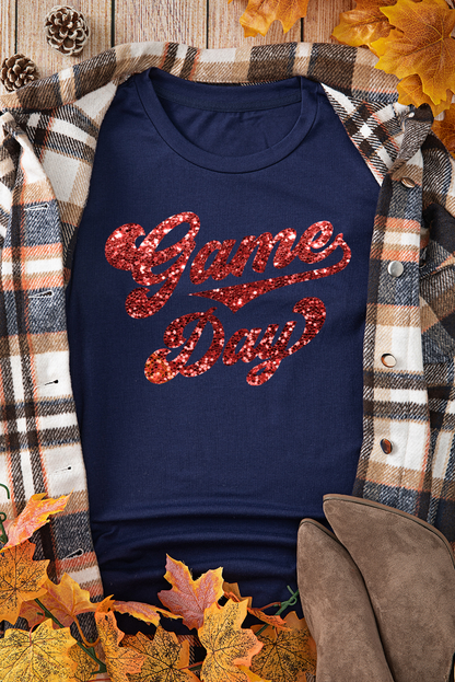 Glittering Game Day Graphic Cuffed Sleeve Crew Neck T Shirt | Blue