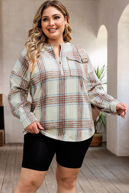 Plus Size Plaid Half-Zipper Sweatshirt With Chest Pocket | Beige