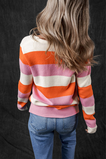 Colourblock V Neck Casual Sweater | Orange Stripe