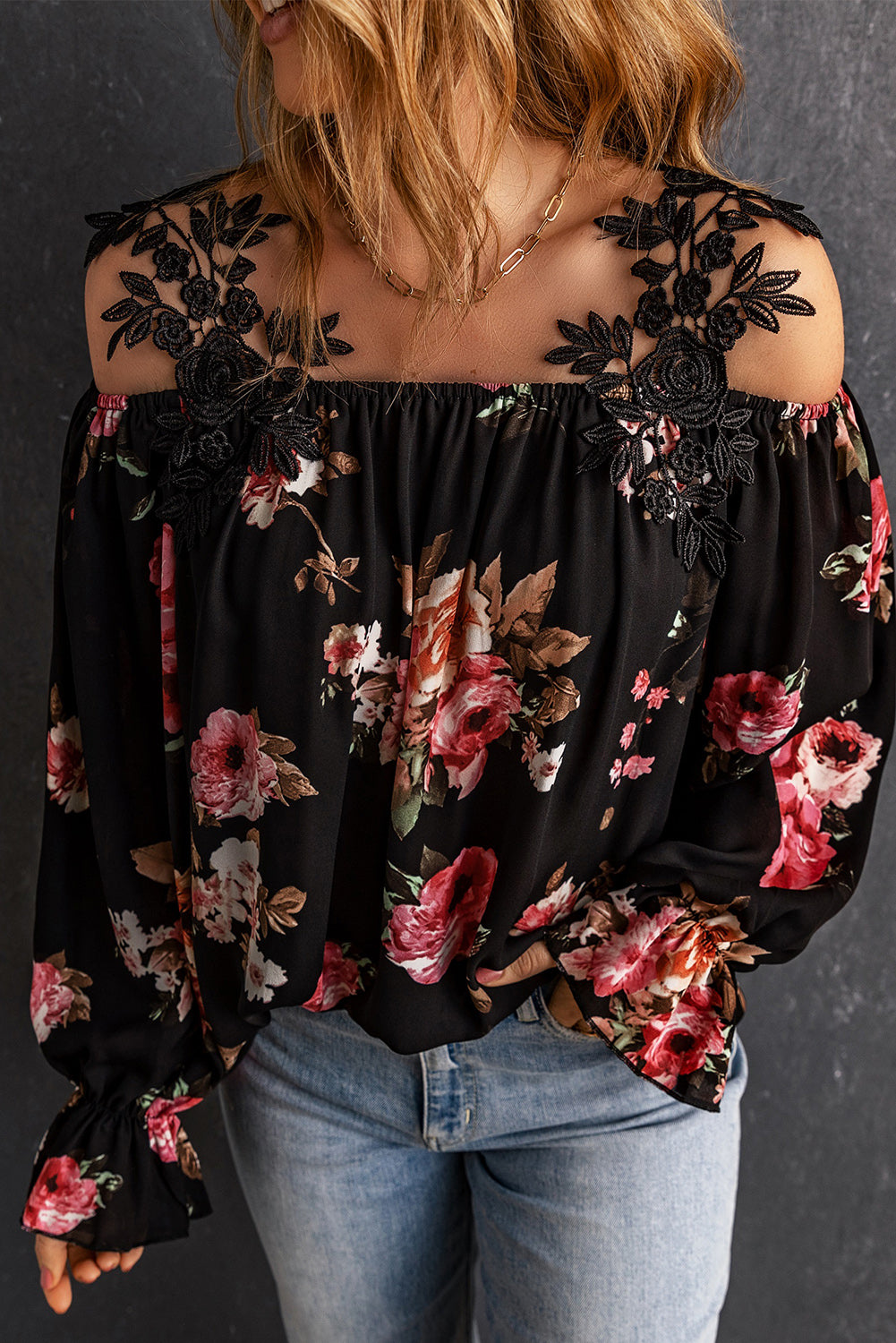 Floral Print Lace Patchwork Loose Cold Shoulder Blouse | Black