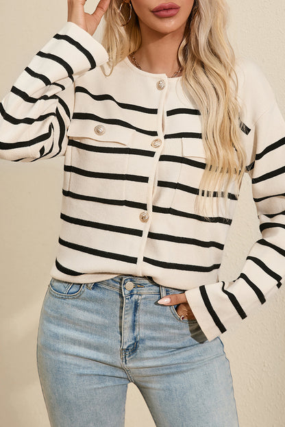 Flap Pocket Buttoned Cardigan Sweater | Black Stripe