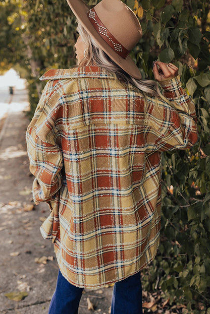 Fiery  Oversized Flap Pockets Plaid Shacket With Slits | Red