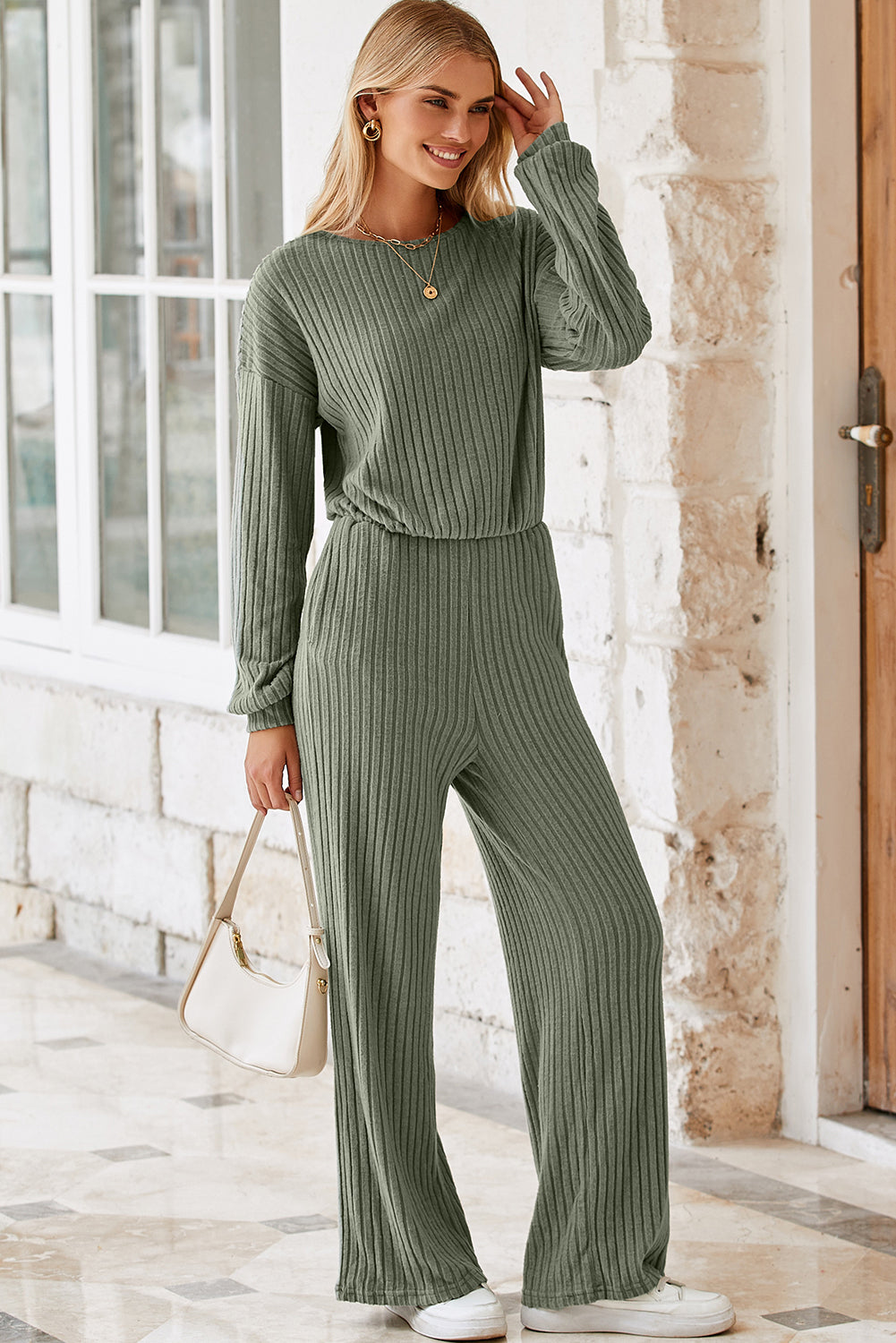 Solid Ribbed Knit Keyhole Back High Waist Jumpsuit | Laurel Green