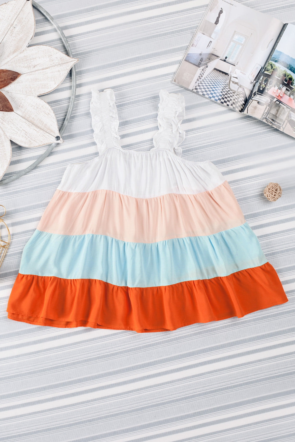 Frill Straps Colour Block Tiered Tank Top | White