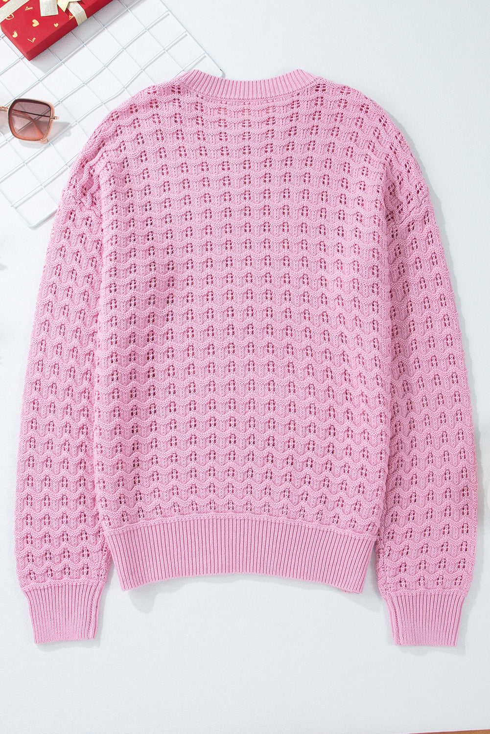 Crochet Knit Drop Shoulder Sweater | Pink