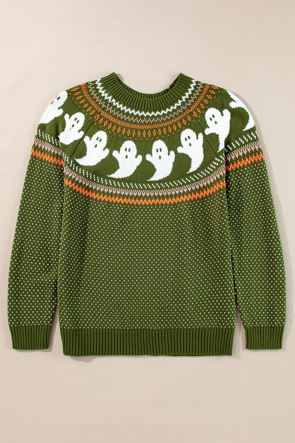 Halloween Ghost Pattern Drop Shoulder Sweater | Jungle Green