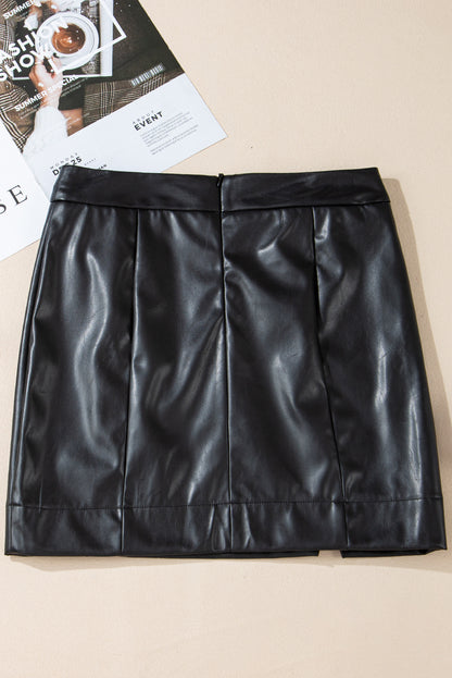 Pu Leather Side Slits Slim Fit High Waist Mini Skirt | Black