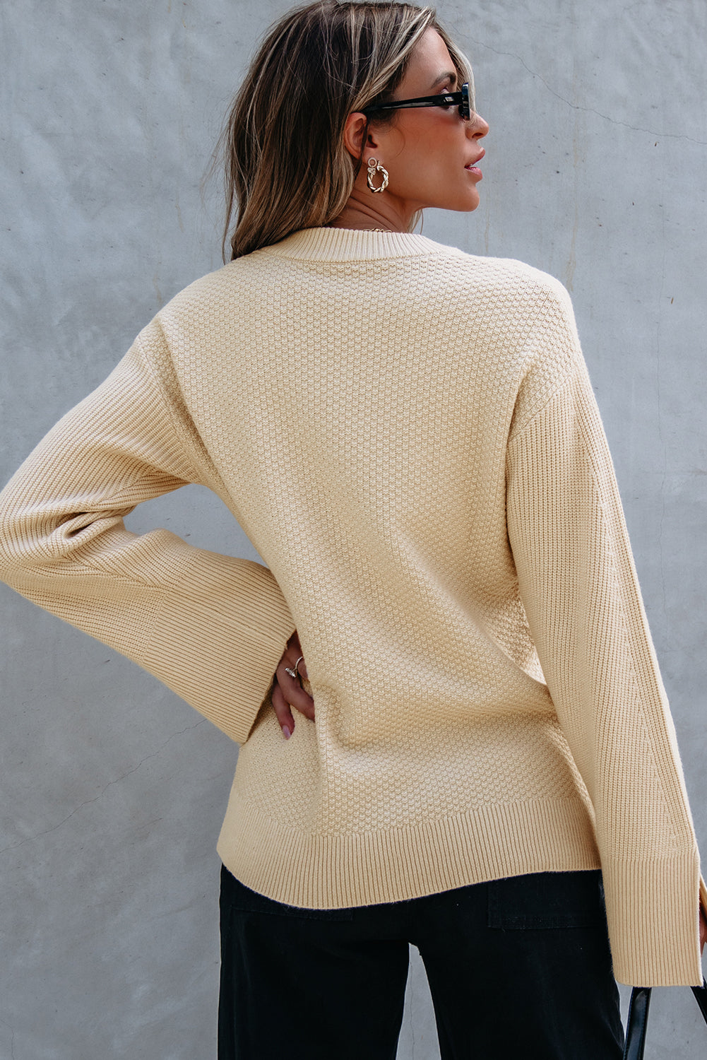 Solid Textured Knit Split Cuff Drop Shoulder Loose Sweater | Parchment