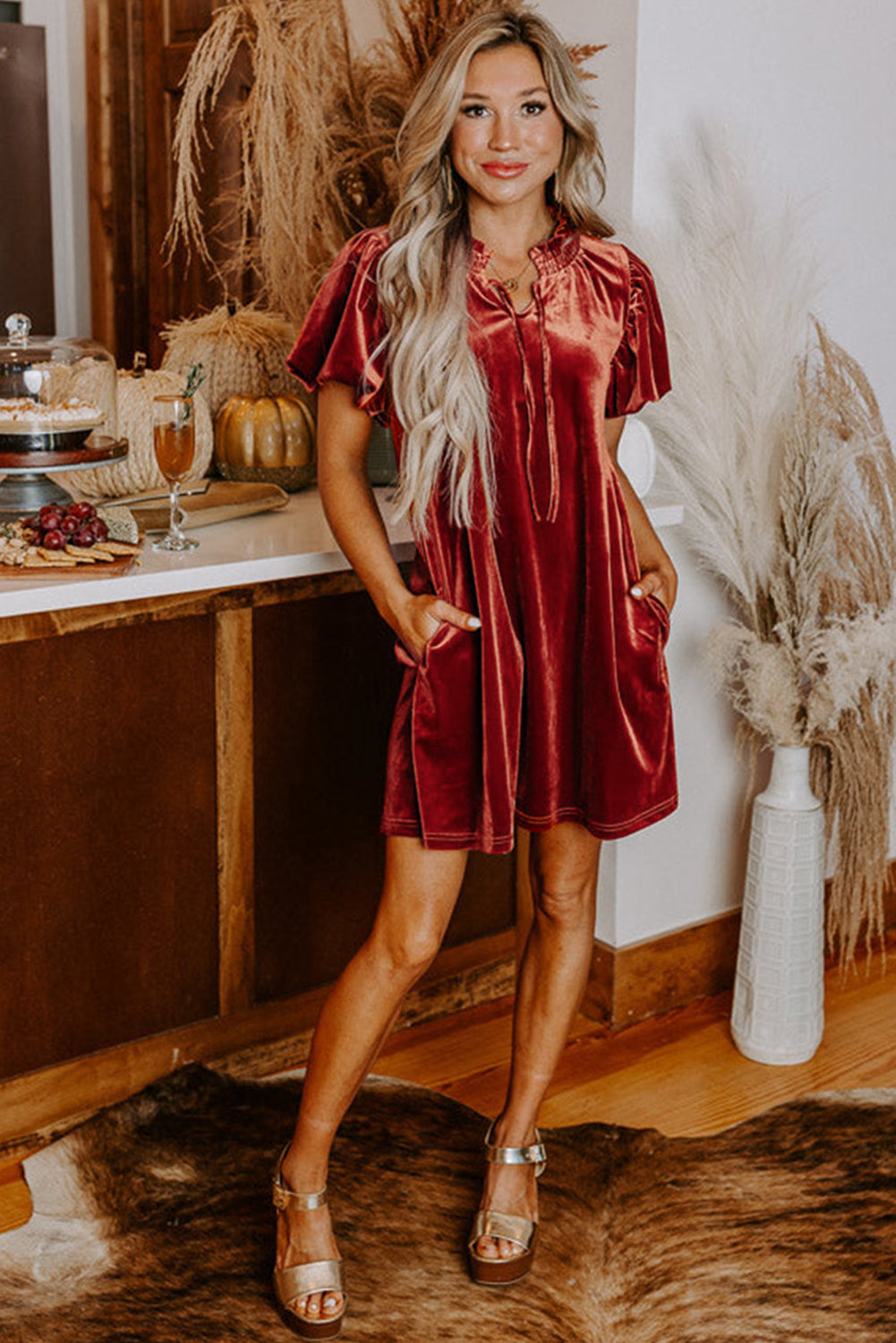 Velvet Smocked Neckline Puff Sleeve Shift Mini Dress | Cinnamon