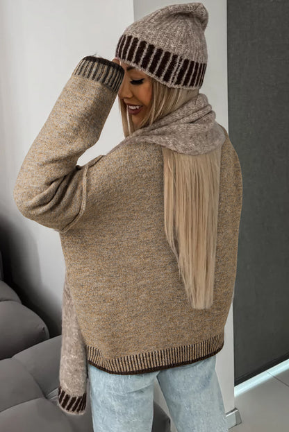 Contrast Trim Mock Neck Drop Shoulder Sweater | Pale Khaki