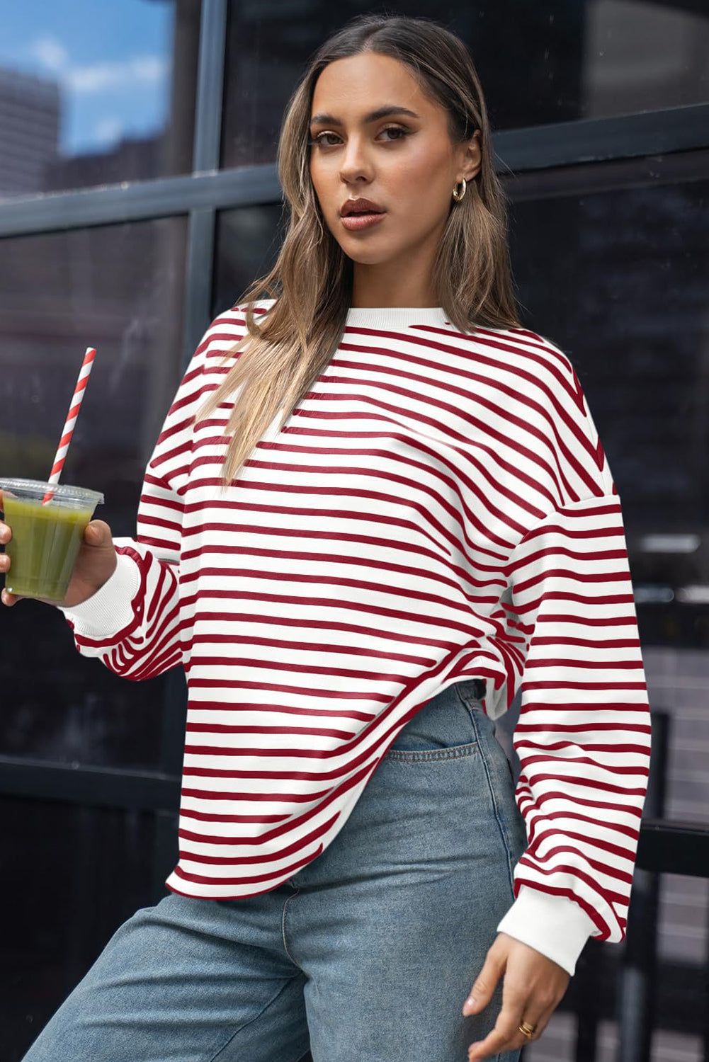 Striped Long Sleeve Round Neck Loose Top | Burgundy