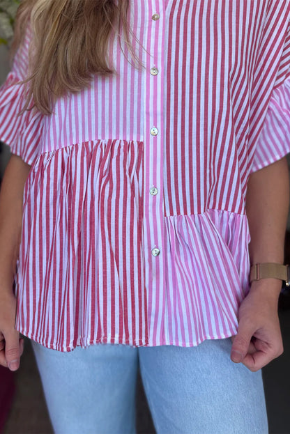 Striped Patchwork Ruffled Hem Button Up Shirt | Pink Stripe