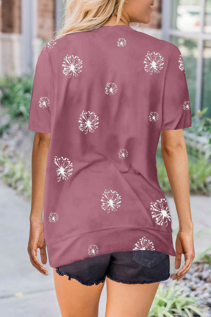 Dandelion Print Crew Neck T-Shirt | Pink