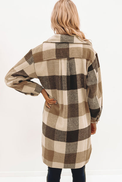 Plaid Button-Down Flap Pocket Long Shacket | Khaki