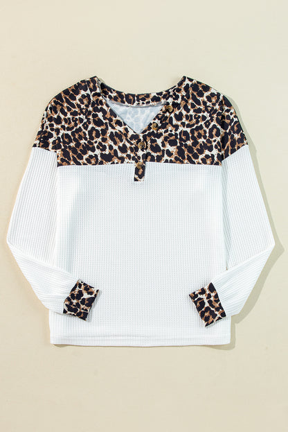 Leopard Waffle Knit Patchwork Button V Neck Top | White