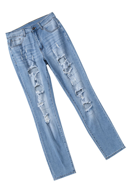 Buttoned Pockets Distressed Jeans | Sky Blue