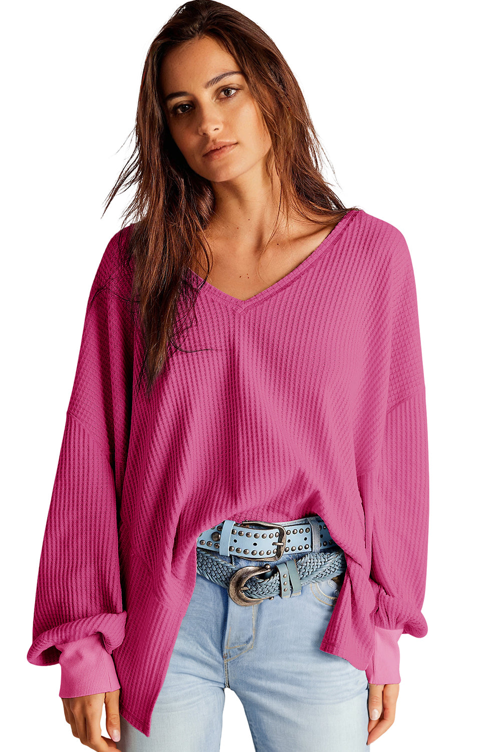 Waffle V Neck Long Sleeve Drop Shoulder Loose Blouse | Bright Pink