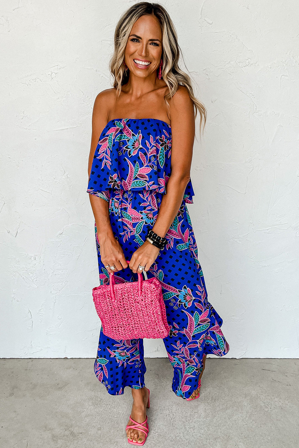 Mix Tropical Print Strapless Ruffled Jumpsuit | Blue