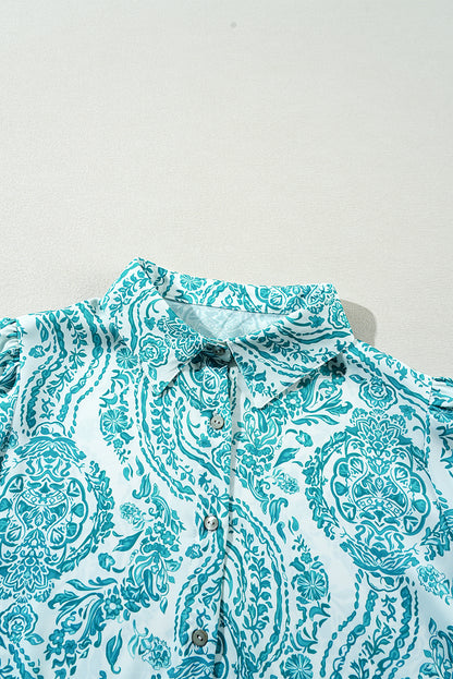 Paisley Print Smocked Cuff Buttoned Loose Shirt | Green