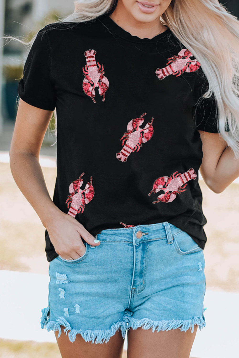 Sequined Crayfish Round Neck Graphic Tee | Black