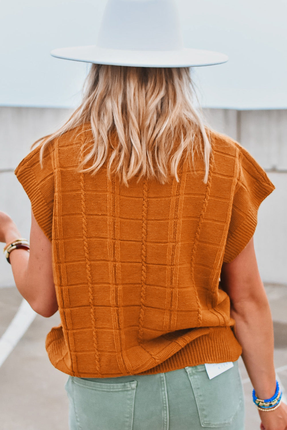 Grid Textured Short Sleeve Sweater | Chestnut